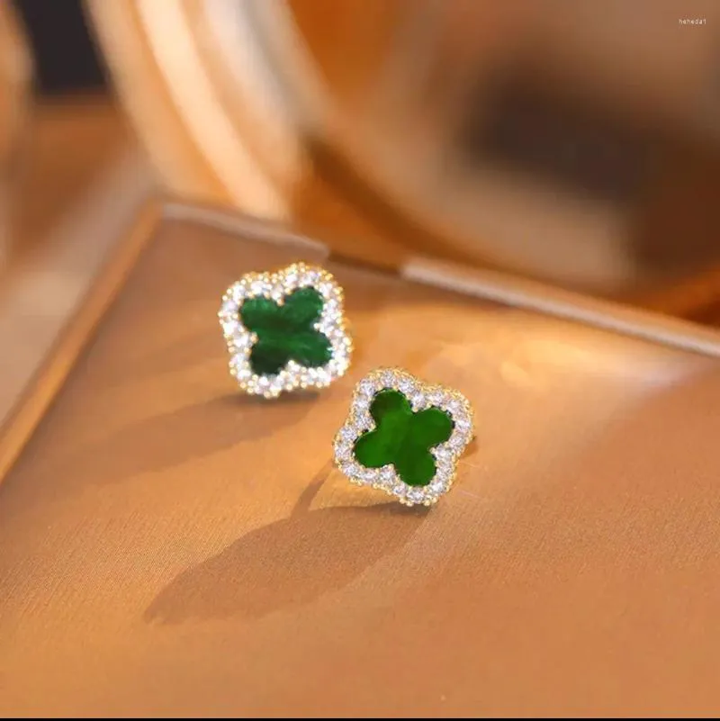 Boucles d'oreilles à breloques Goujons de feuilles pour femmes filles Mode Luxe Strass Fleur 925 Argent Aiguille Oreille Bijoux Noir Vert Blanc Rouge Quatre Feuilles