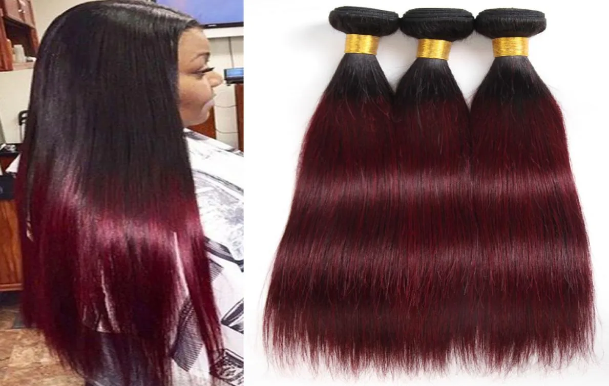 Brasileiro Ombre Cabelo 1B99J Em Linha Reta 3 Pacotes Não Processados Grau 8A Borgonha Vinho Tinto Ombre Cabelo Humano Tece Extensões Comprimento 102415102