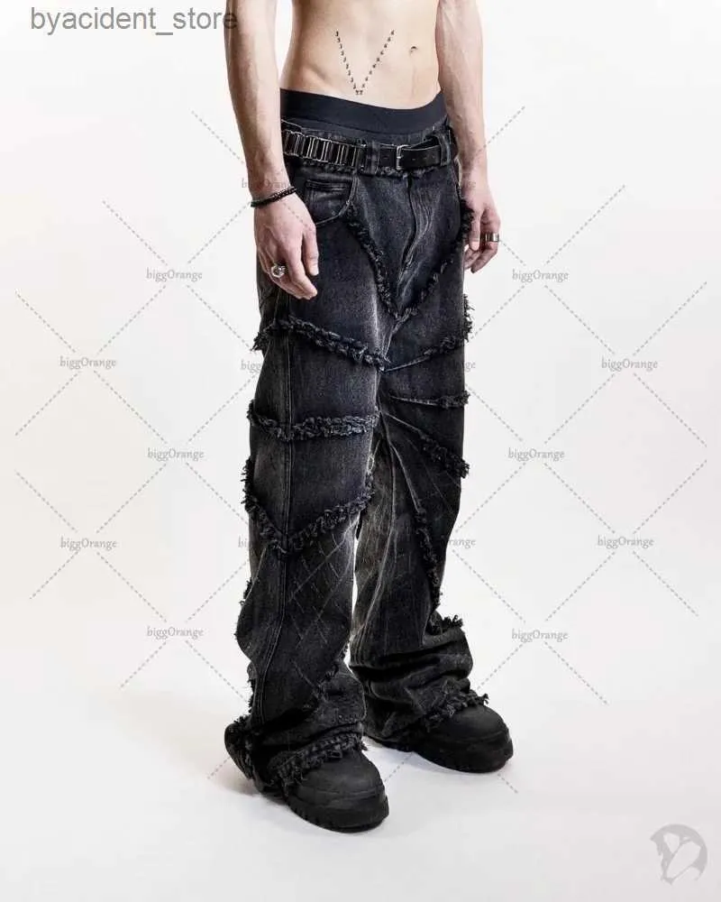 Jeans da uomo Y2K Punk Nero American Street Rock Retro Jeans oversize a vita alta Uomo 2023 Nuovo taglio vivo lavato Pantaloni a gamba larga dritti Uomo L240313