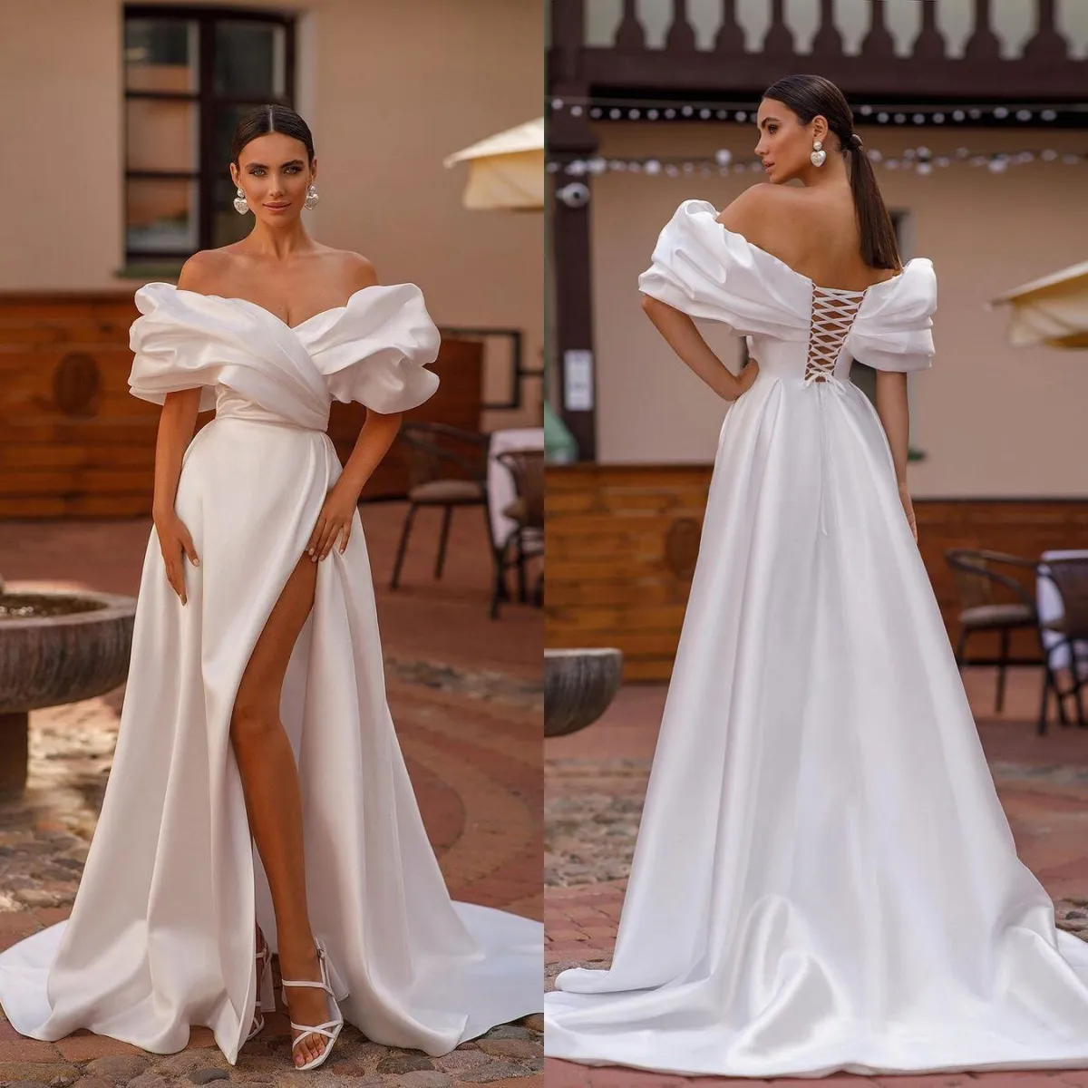 Simples fora do ombro vestido de casamento pérola lado split sereia vestidos de noiva manga curta vestidos de noiva rendas até feito sob encomenda mais tamanho