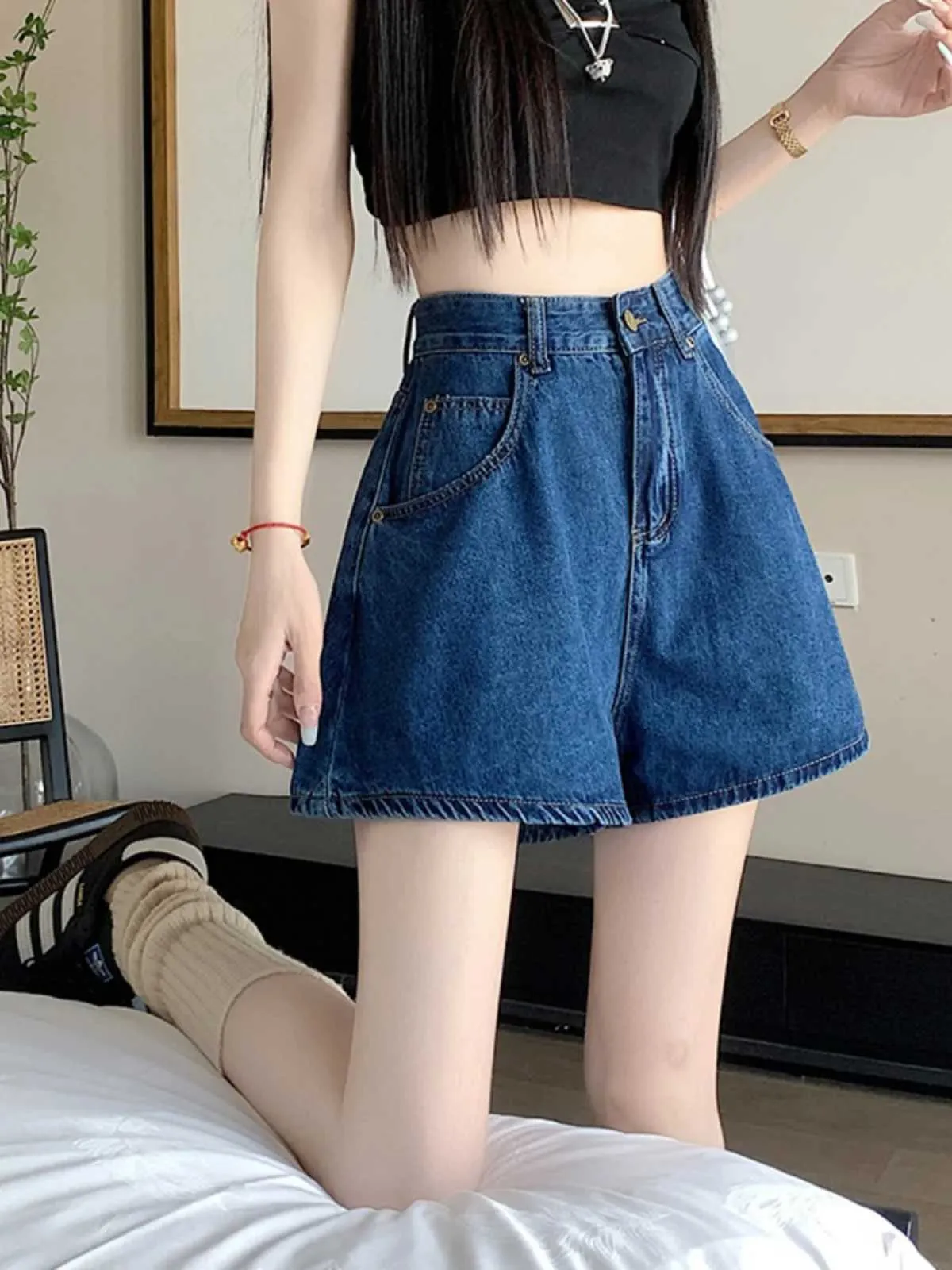 Women's Shorts Women 2024 Summer Fashion Loose Wide-leg Denim Shorts Fe Solid Color Jeans Shorts Ladies Loose A-line Short Hot Pants L52L24313