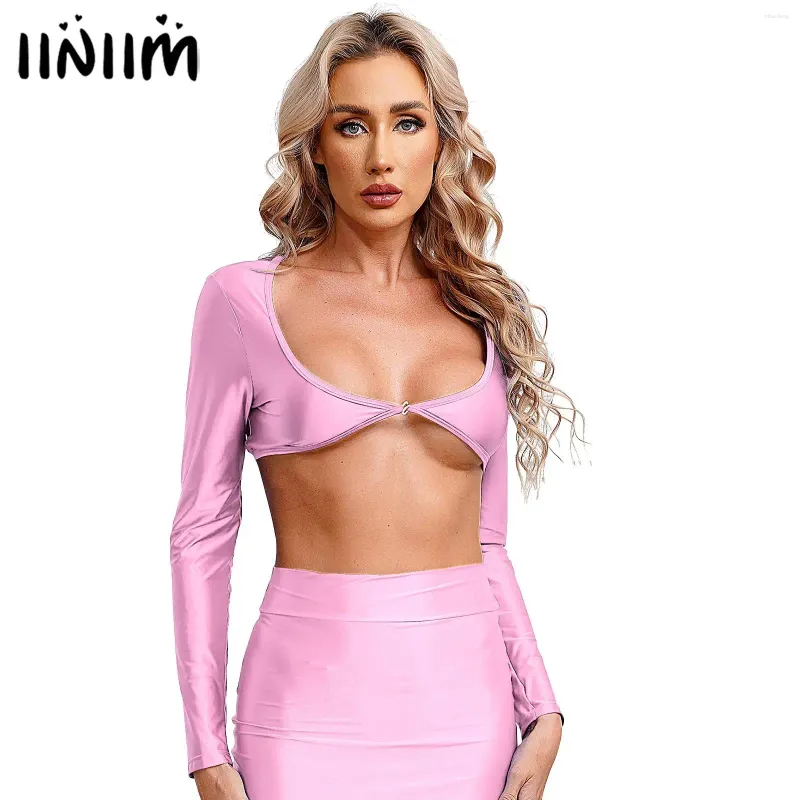 Kvinnors tankar Kvinnor Casual Solid Color Long Sleeve T-Shirt Sports Workout Yoga rycker Toppar Glossy Low Cut Crop Top Pool Party Beach Cover