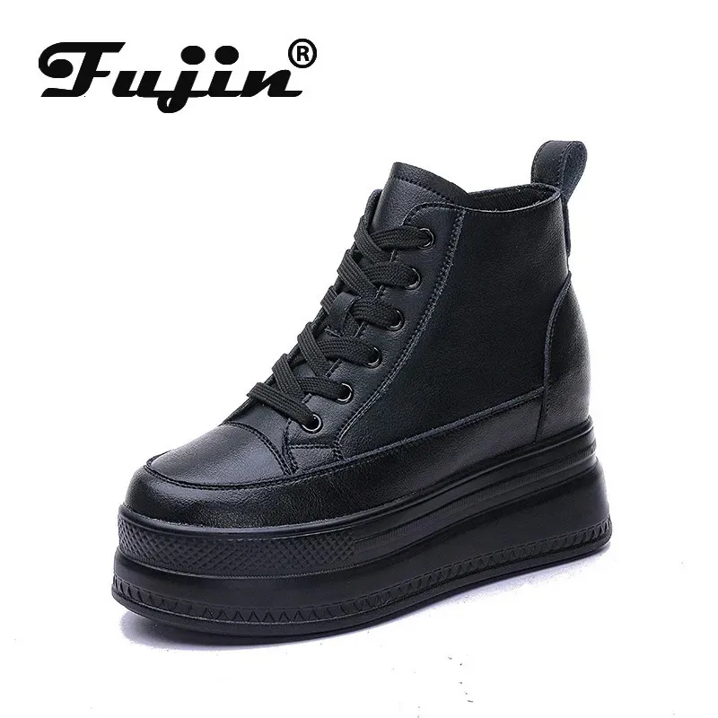 Fujin 9cm äkta läder kvinnor casual skor chunky sneakers za plattform kil dold häl höjd hög topp kvinnor vulkaniserad sko 240309