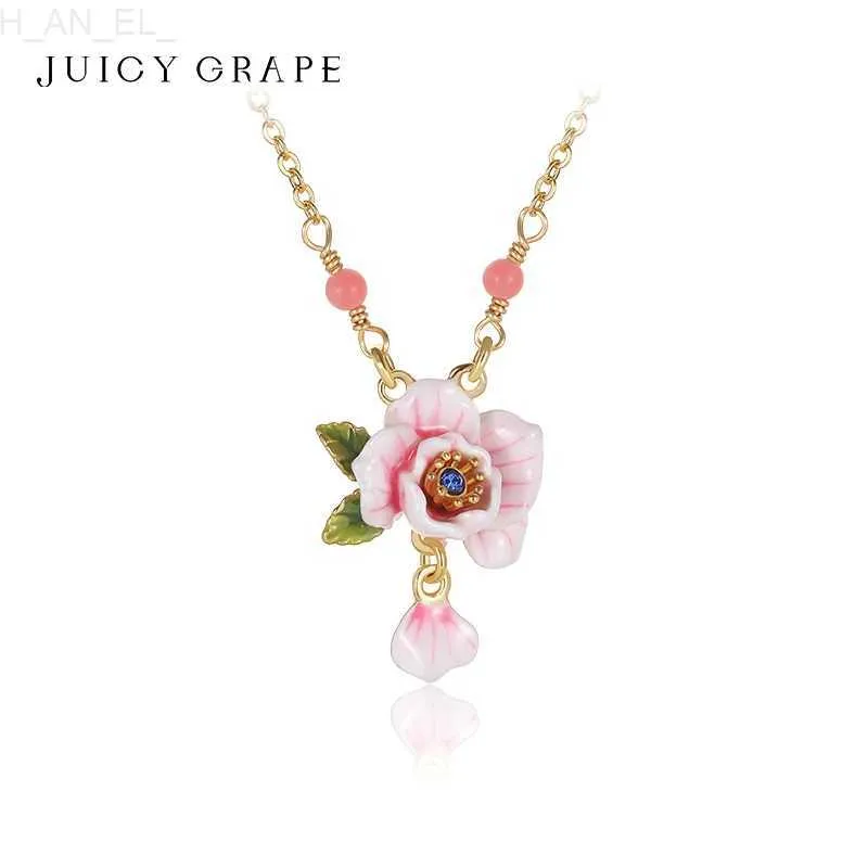 Pendant Necklaces JUICY GRAPE Fashion Pink Rose Necklace Sweet Flower Necklace 18K Gold Plated Enamel Handmade Gift for Girlfriend L24313