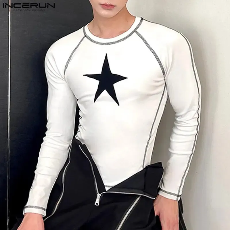 Мужская футболка с круглым вырезом и длинным рукавом с принтом, уличная одежда для фитнеса, повседневная мужская одежда, осенние футболки в корейском стиле, S-5XL INCERUN 240312