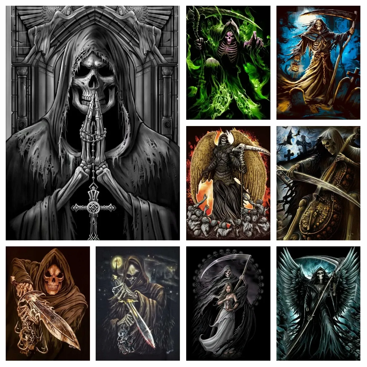 Stitch Death Angels Full Diamond Målning Skräck Skalle Grim Reaper Wall Art Cross Stitch Kits broderi Bild Mosaikpärla Heminredning