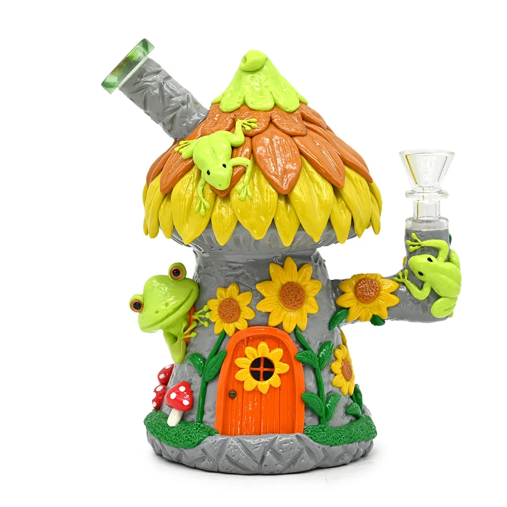 7.4in,Glass Bongs With Cute Mushrooms House,Glass Water Pipe With Sunflower & Frog,Borosilicate Glass Hookah,Hand Painted,Polymer Clay Cute Cartoon Glass Smoking Item