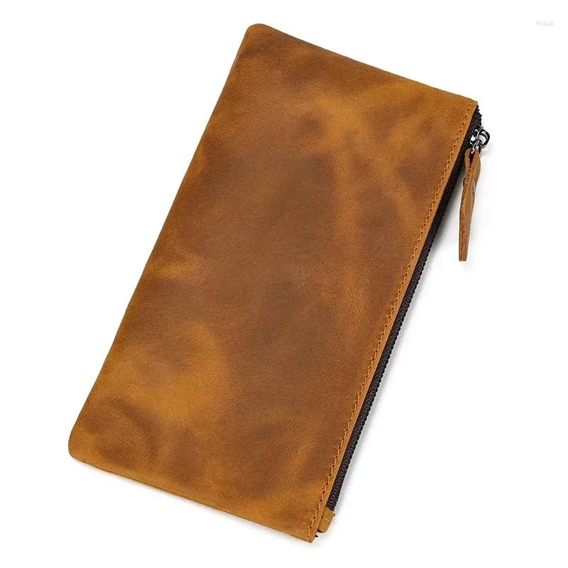 Wallets Vintage Leather Phone Wallet For Men Women Genuine Clutch Purse Key Single Zipper Coin Female Male Pen Case