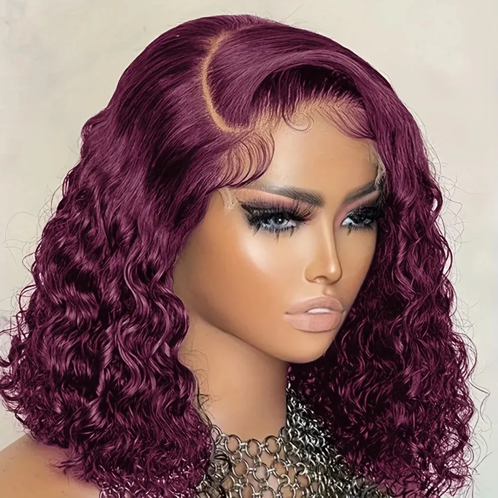 Deep Curly 99J Bob Wigs Human Hair Water Wave Burgundy Human Hair 13X4 Lace Front Bob Wig for Women Preplucked with Baby Hair