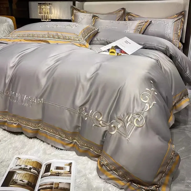 Summer Ice Silk 4pcs Set Light Luxury Highgrade Bed Sheet Däcke Cover Tencel Cool Feeling Bedding Brodery Home Textile 240306