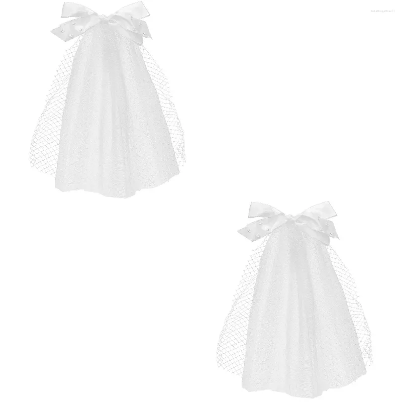 Véus nupciais 2 pacote clipe de cabelo arco véu pérola para noiva mini malha branca com menina de renda