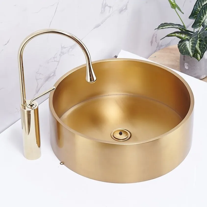 KTV-Waschbecken el Villa Art Basin Rundes Aufsatzwaschbecken Badezimmer-Waschbecken Kleine Größe Gold 304 Edelstahlwaschbecken204n