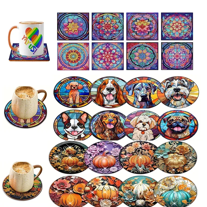 Stich 8/6PCS DIY Diamant Malerei Cartoon Untersetzer Tasse Isolierung Pad Matte Rutschfeste Strass Stickerei Untersetzer Diamant Kunst Handwerk Geschenk