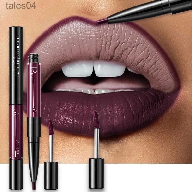 Lipstick New Double-headed Lipstick Matte Lip Gloss Lip Liner 2 In 1 Long Lasting Waterproof Makeup Beauty Matte Lipstick 240313