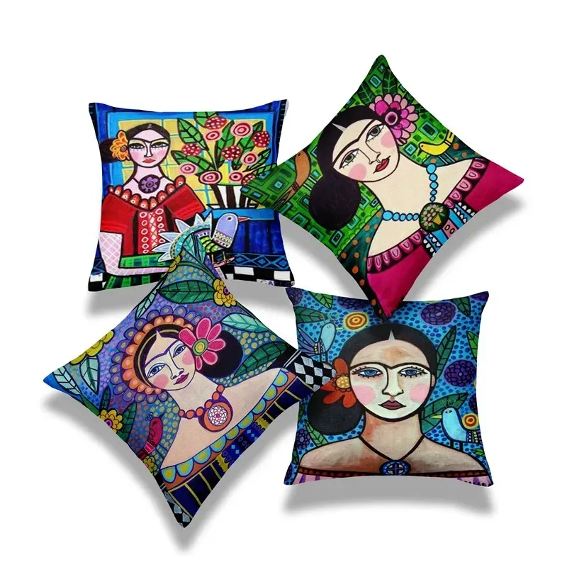 Kussen 4 stks thuis kussen decoratie Zuid -Amerikaans etnische meisje schilderen print kussen decoratief kussenset van 4 prachtige kussensloop