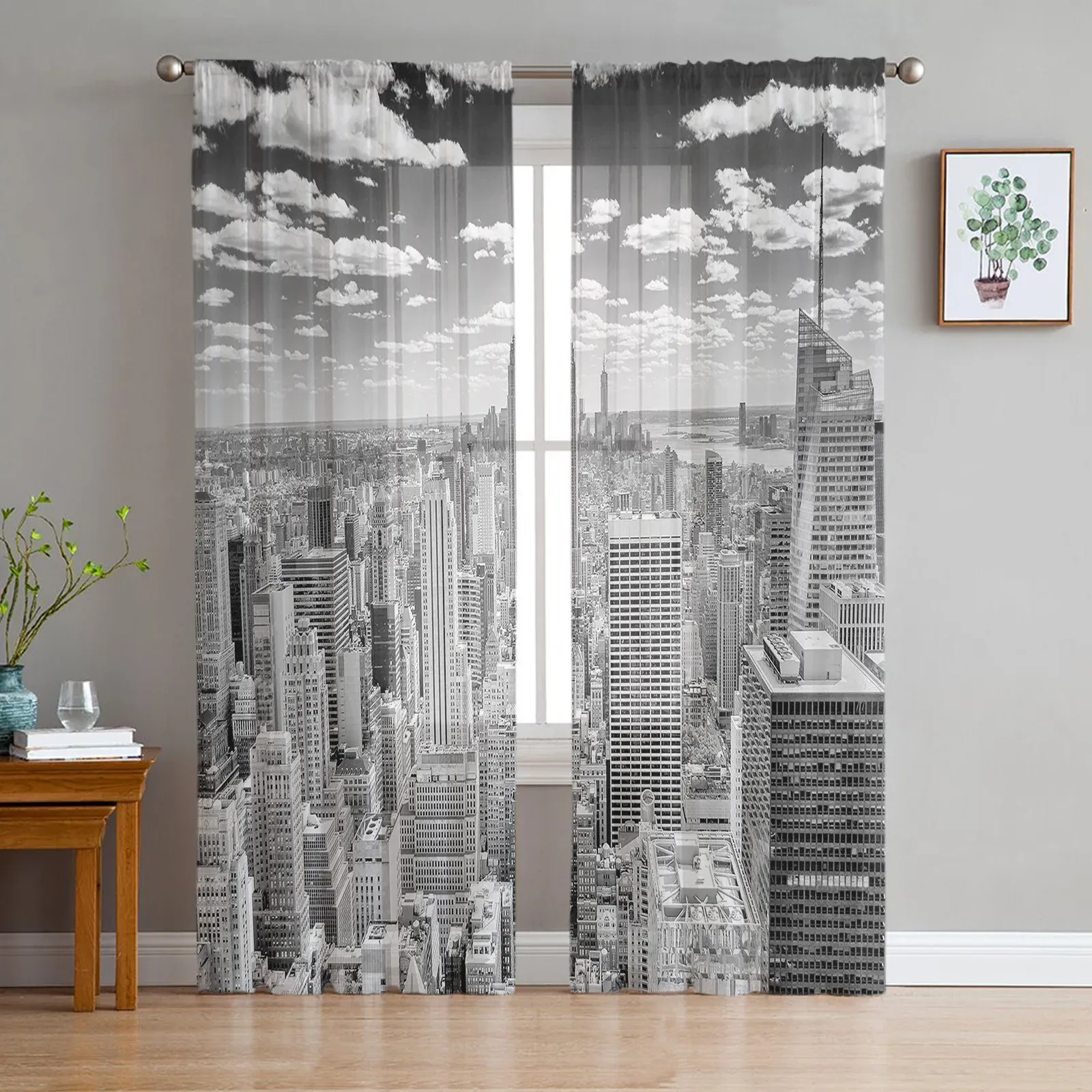 Curtains Grey New York City Sheer Voile Curtains Window Treatment for Kitchen Living Room Bedroom Decoration Modern Tulle Curtains