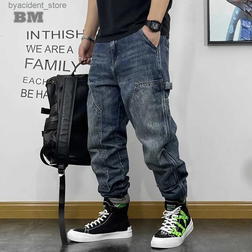 Herren Jeans Amerikanische Mode Hip Hop Cargo Jeans Streetwear Skateboard Harem Hosen Männer Kleidung Japanische Harajuku Denim Casual Hosen Männlich L240313
