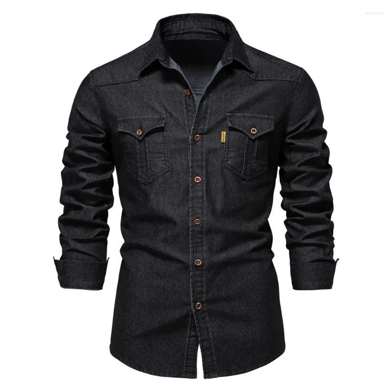 Camicie casual da uomo Uomo in cotone elastico Denim Maschio Nero Manica lunga Cowboy di qualità per abbigliamento firmato da uomo slim fit