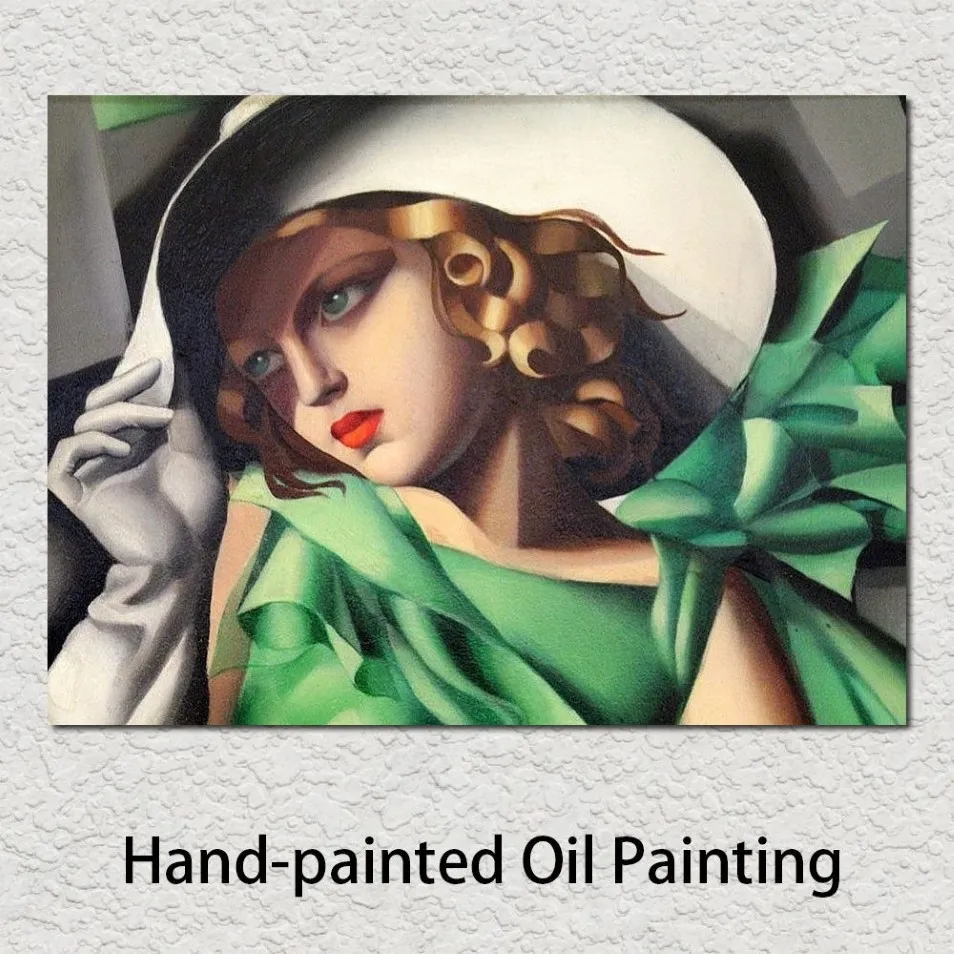 手描きの女性の油絵物タマラ・デ・レンピカの女の子の緑のディテールのキャンバスアートワーク家装飾192j
