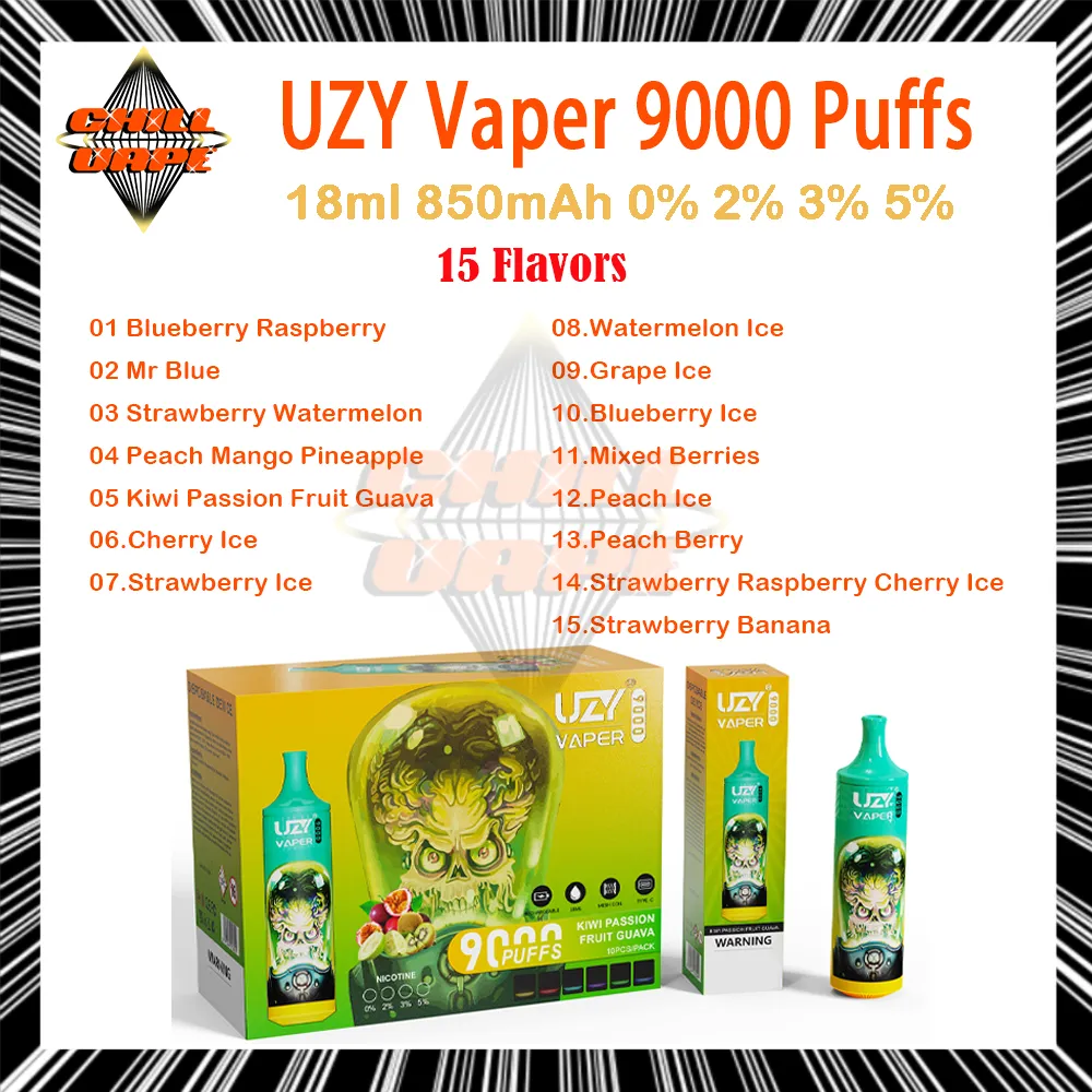 Оригинальные электронные сигареты UZY Vaper 9000 Puff, 0% 2% 3% 5%, прочность, 850 мАч, перезаряжаемая батарея, 15 вкусов, одноразовые сигареты для вейпа, 9k