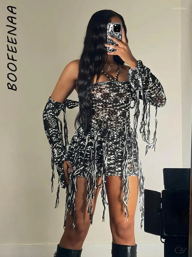 Casual Dresses BOOFEENAA Fringed Knit Sweater Dress 2 Piece Set Streetwear Women 2024 Fashion Sexy Long Sleeve Backless Mini C85-FE35