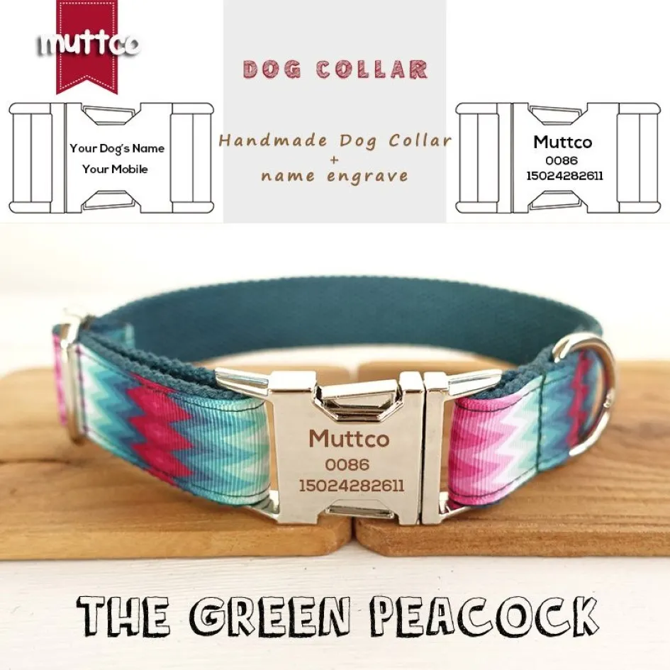 MUTTCO Collare per cani inciso che vende al dettaglio un fantastico design personale Nome del cucciolo personalizzato anti-smarrimento Il collare per cani GREEN PEACOCK 5 taglie LJ201113336s