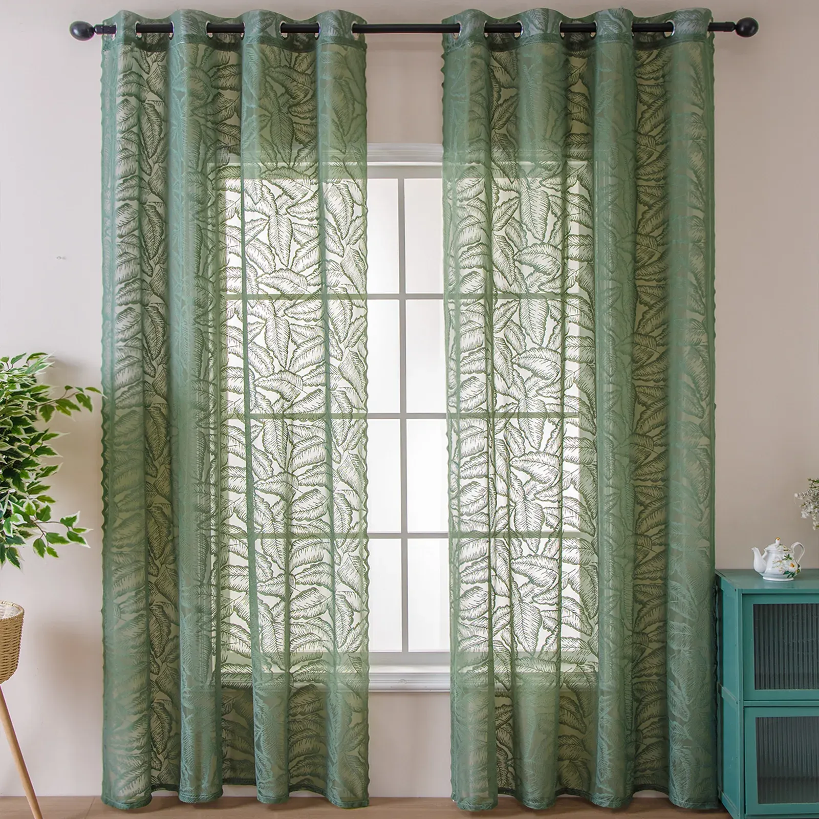 Curtains Green Warp Knitted Leaf Curtain for Kitchen Door Lace Sheer Voile Drape Window Treatment Balcony Grommet Ring #E