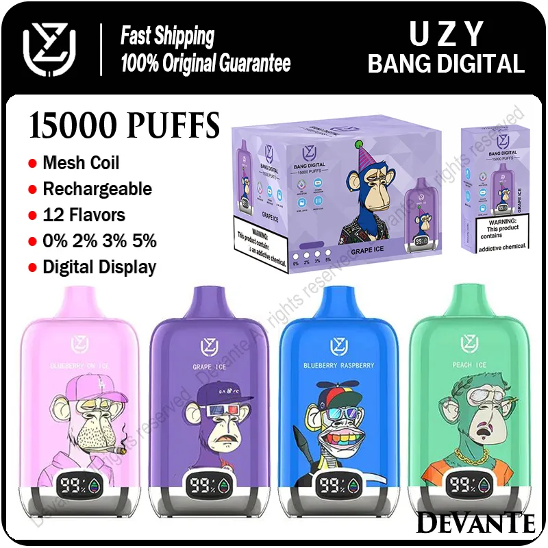 Authentic UZY Bang Digital Puff 15K E Cigarettes Smart Screen 15000 Puffs Disposable Vape Box Kit Mesh Coil Rechargeable Vaper 12 Flavors vs 12K 12000