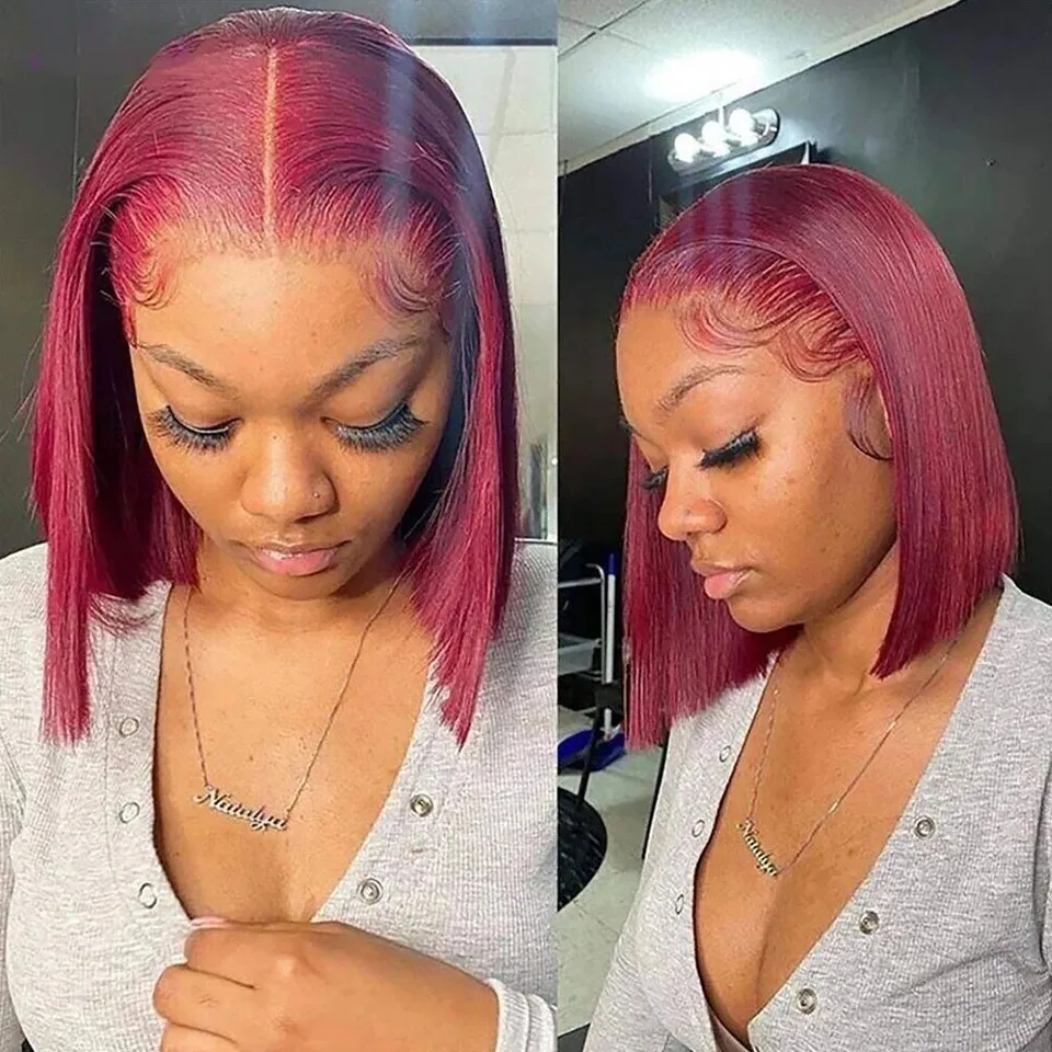 Borgonha hd transparente curto bob perucas de cabelo humano brasileiro 99j vermelho reto 13x6x1 peruca dianteira do laço para mulheres pré arrancadas