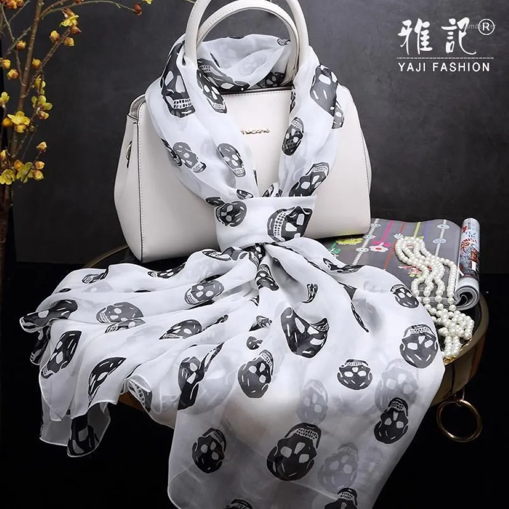 100% lenço de seda xale Hangzhou seda macia e elegante preto crânio branco cachecol senhoras longo xale primavera outono1254x