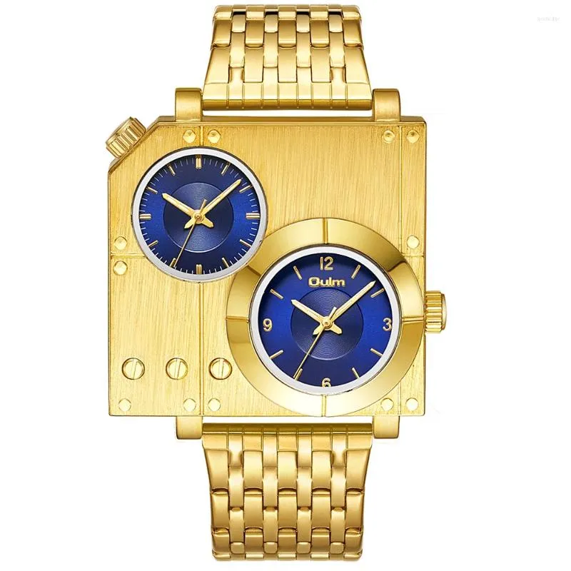 Montres-bracelets Golden Luxury Quartz Montre pour hommes Square Dual Time Zone Creative Big Clock Full Steel Sport Montres Lumineux Pointeur Reloj