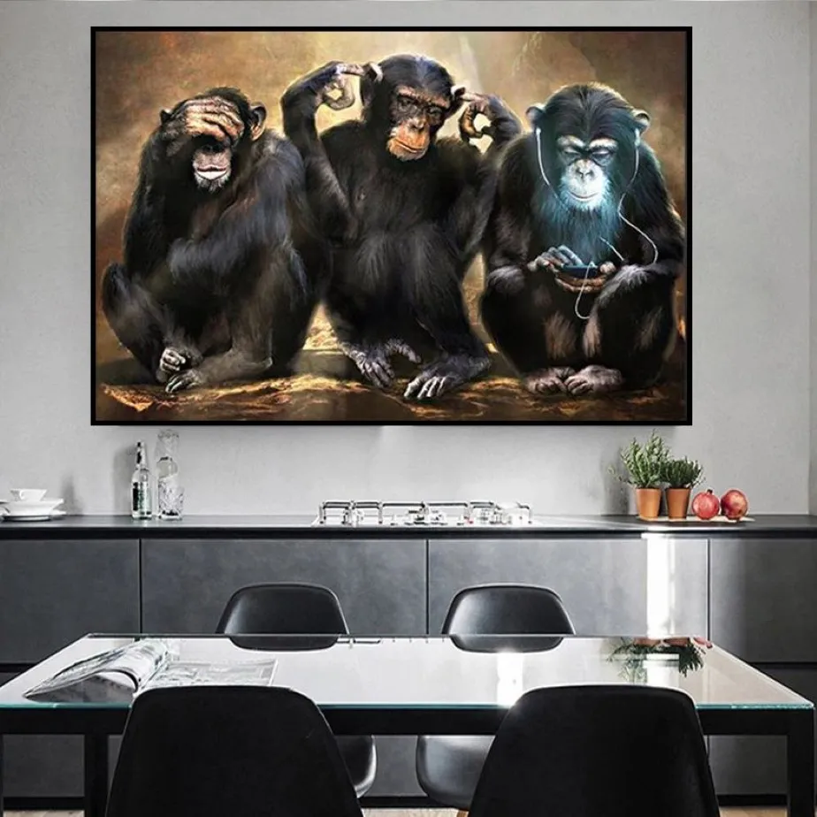 Djurväggskonstmålningsaffischer och tryck av tre roliga apor konstbilder Skriv ut duk för vardagsrumshemdekoration231o