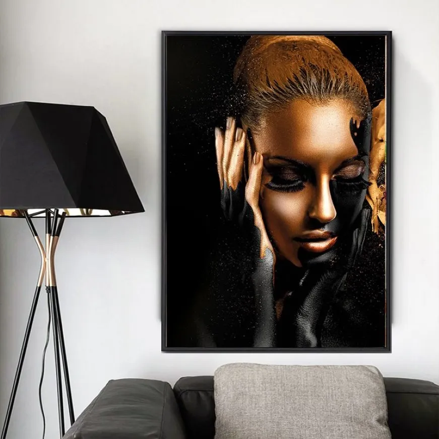 Black Art Girl Golden Canvas Obrazy do salonu Modern Art Prints Figure Pictures Plakaty i druki Unframed177k