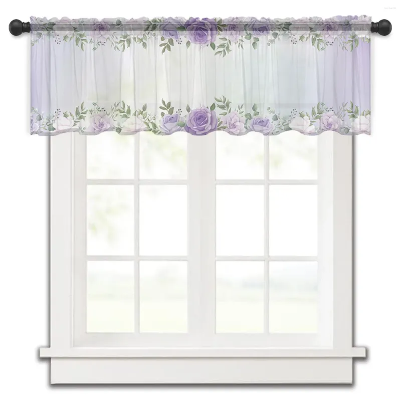 Curtain Spring Purple Flower Leaves Bedroom Voile Short Window Chiffon Curtains For Kitchen Home Decor Small Tulle Drapes