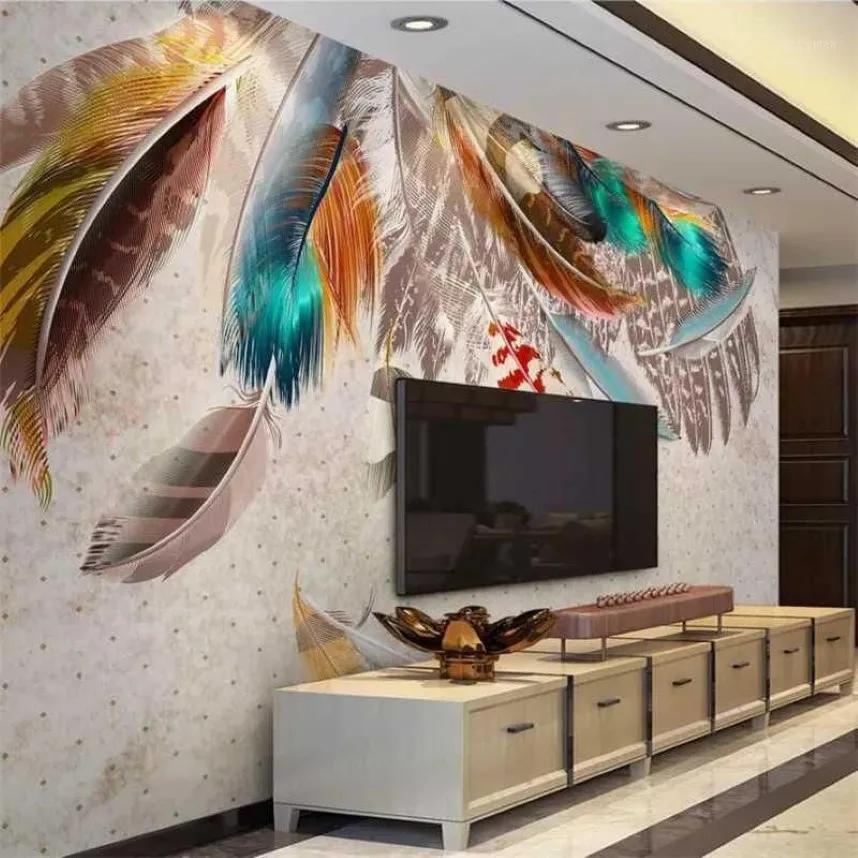 Papel de Parede Custom Wallpaper 3D PO الجداريات الرجعية الأمريكية للأزياء الملونة الريش فن النوم