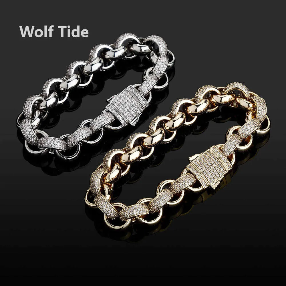 Topkwaliteit zirkonium gestikte gladde cirkelarmband lentegesp heren Cubaanse link kinkettingen hiphop voor Guy14K goud 3A zirconia punk sieraden pulseiras