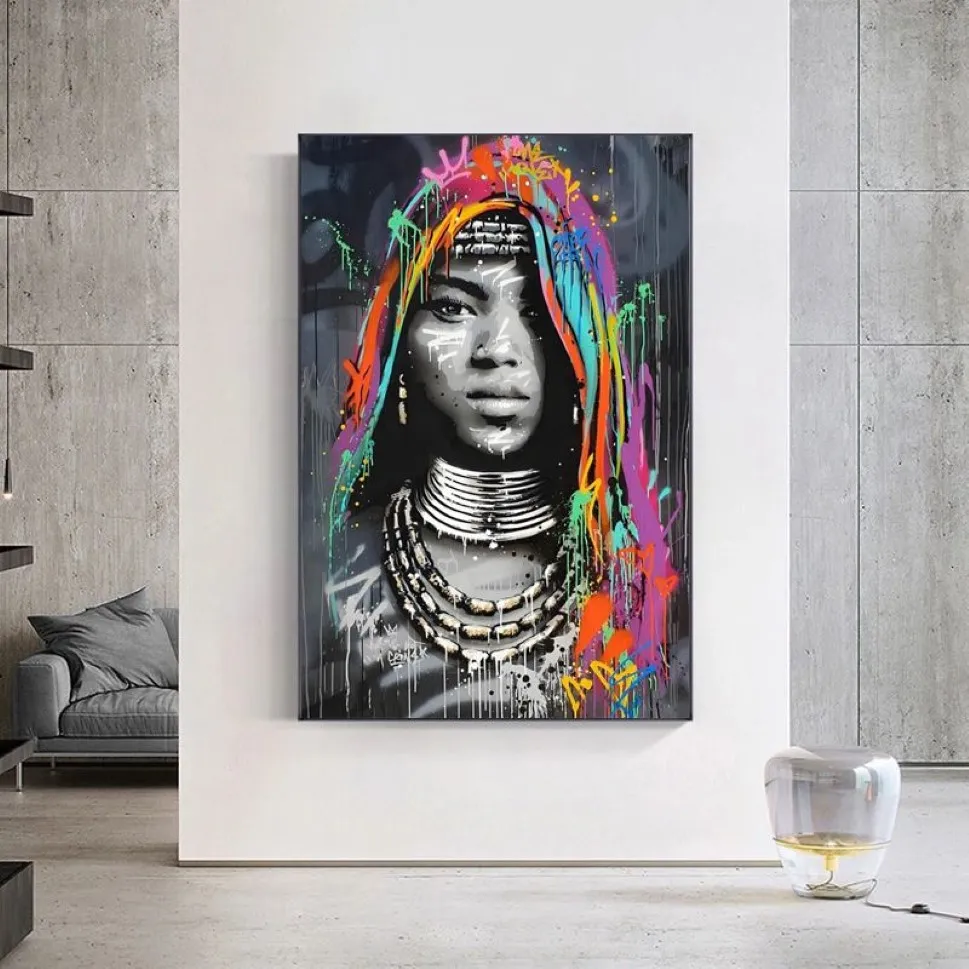 African Black Woman Graffiti Art Posters And Prints Abstract African Girl Canvas Paintings On The Wall Art Pictures Wall Decor207U