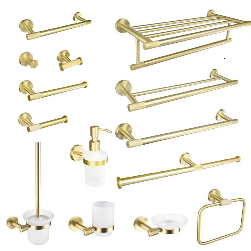 Golden Handduk Rack Bar Ring Borsted Gold Hardware Set Robe Coat Hook Toalettvävnad Pappershållare Badrumstillbehör Kit 240304