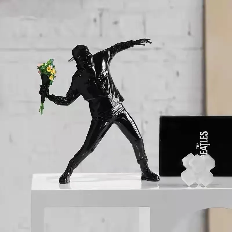 Sculptures Banksy Throw Flower Boy Statues Resin Sculpture Art Designer Figurines Modern Banksy Crafts Living Room Decoration House Decor