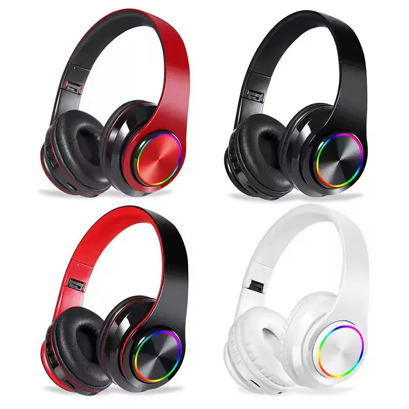 Bluetooth Over Ear Headphones Deep Bass Colorful LED 조명 마이크 경량 무선 접이식 Hifi 스테레오 이어폰이있는 헤드셋