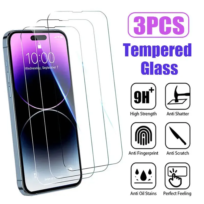 Protecteur d'écran pour iPhone, 3 pièces, Film en verre trempé pour iPhone 15 14 13 12 11 Pro Max 12 Mini 7 8 SE X XS XR