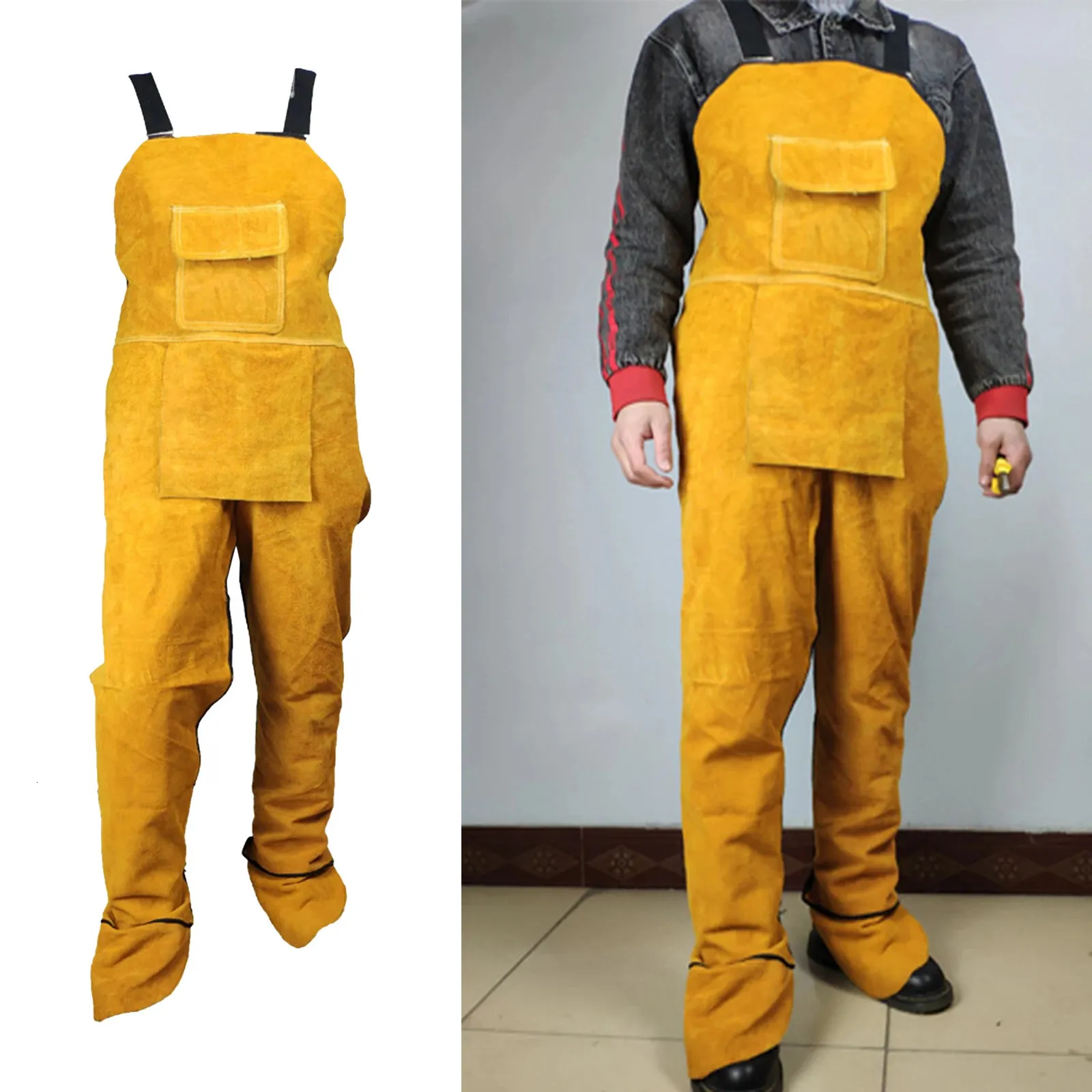 Heavy Duty Welding Clothing Cowhide Leather Welding Apron Split Leg Heat Resistant Bib Apron with Pockets Tool for Men Women