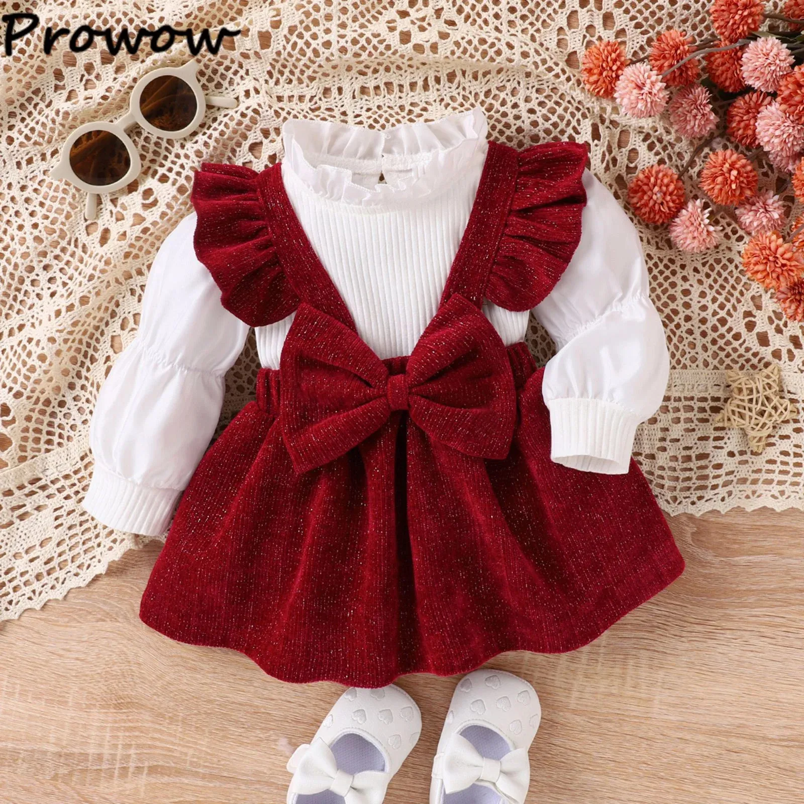 Prowow 324m Baby Girl Clothes Outfit Set White Lace Collar Top Bow Corduroy Red Dress Girls Barn Kostym 240313