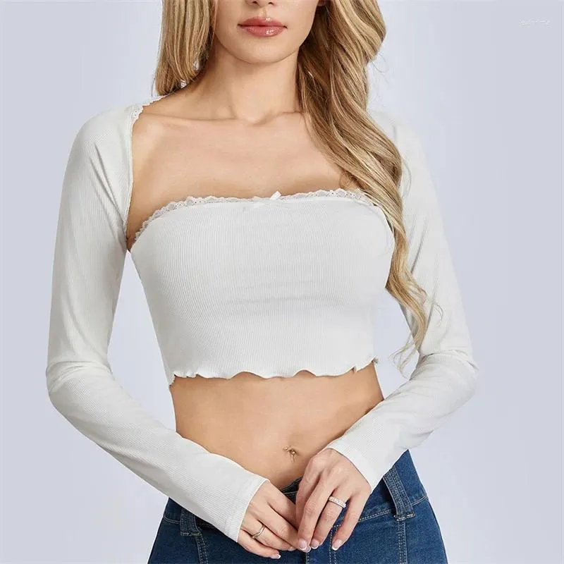 Women's T Shirts Women Y2k Two Piece Sets Going Out Long Sleeve Bolero Shrug And Bandeau Tube Crop Tops Lace Trim Slim Fit T-Shirt Fall