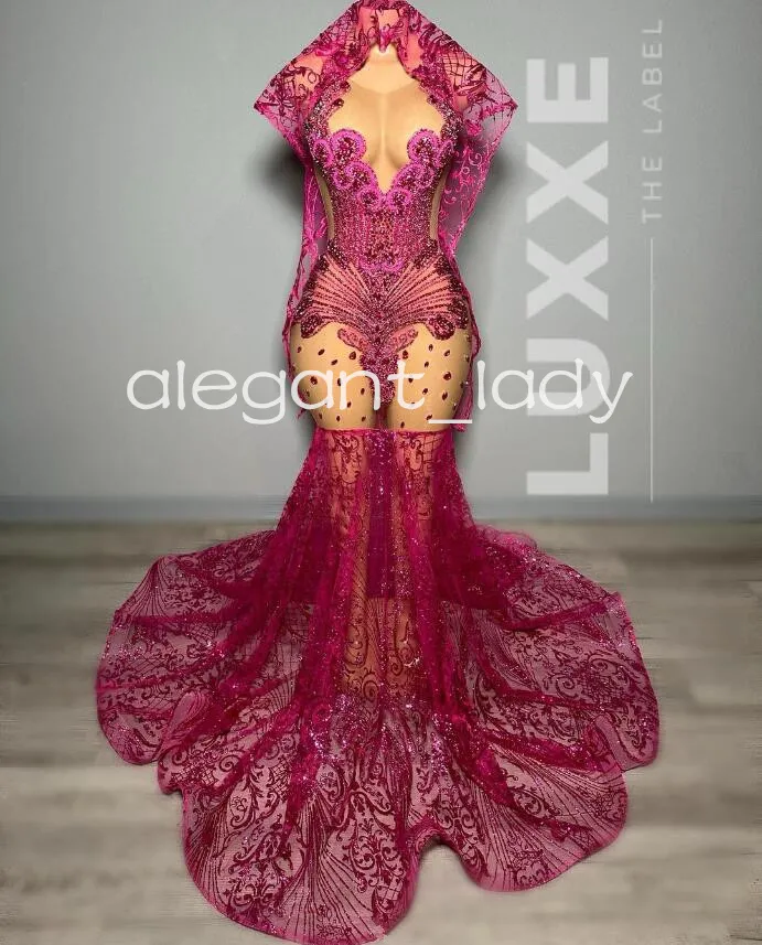 Robe de soirée sirène scintillante rose Fuchsia pour femmes, tenue de luxe en diamant Gillter noire, robe de bal d'anniversaire, maille transparente