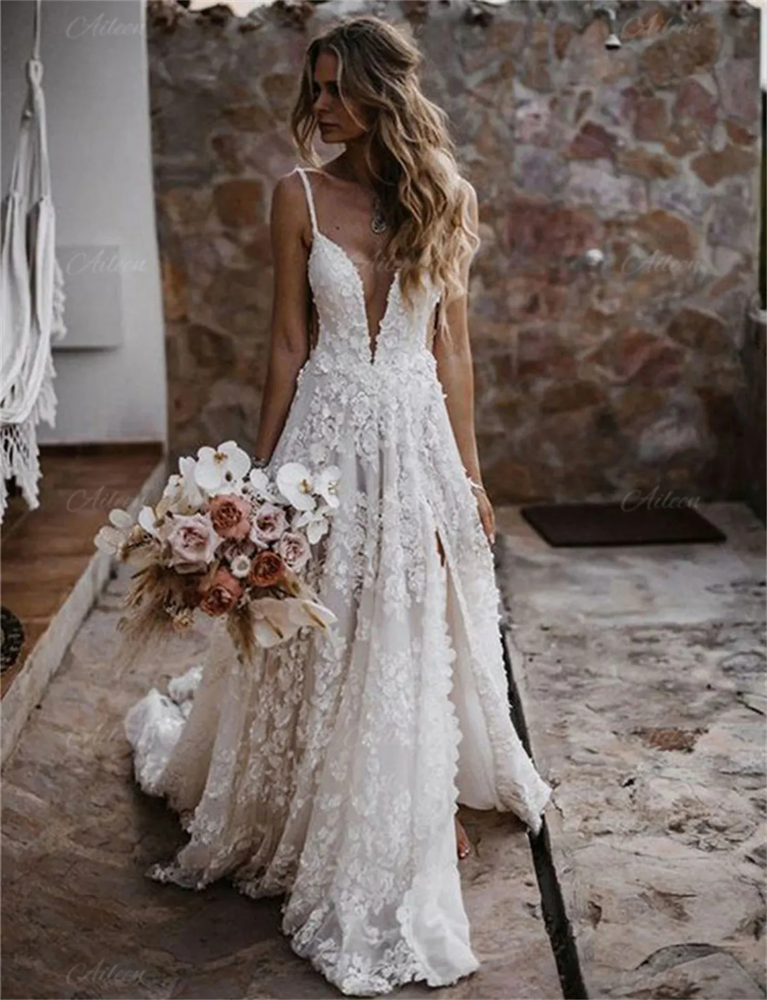 bohemian lace beach wedding dress Boho Lace Beach Wedding Dress Heirloom Hourglass