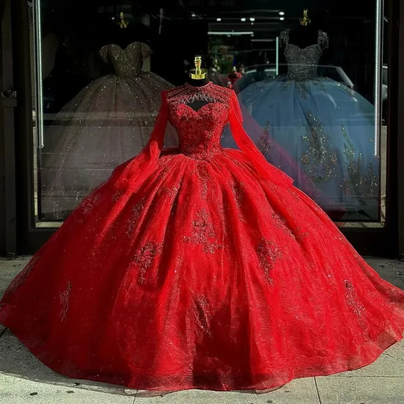 Red Sweetheart Princess Quinceanera Dresses Applique Lace Beads Tull Corset Sweet 16 Dress Vestidos De 15 Anos Birthday