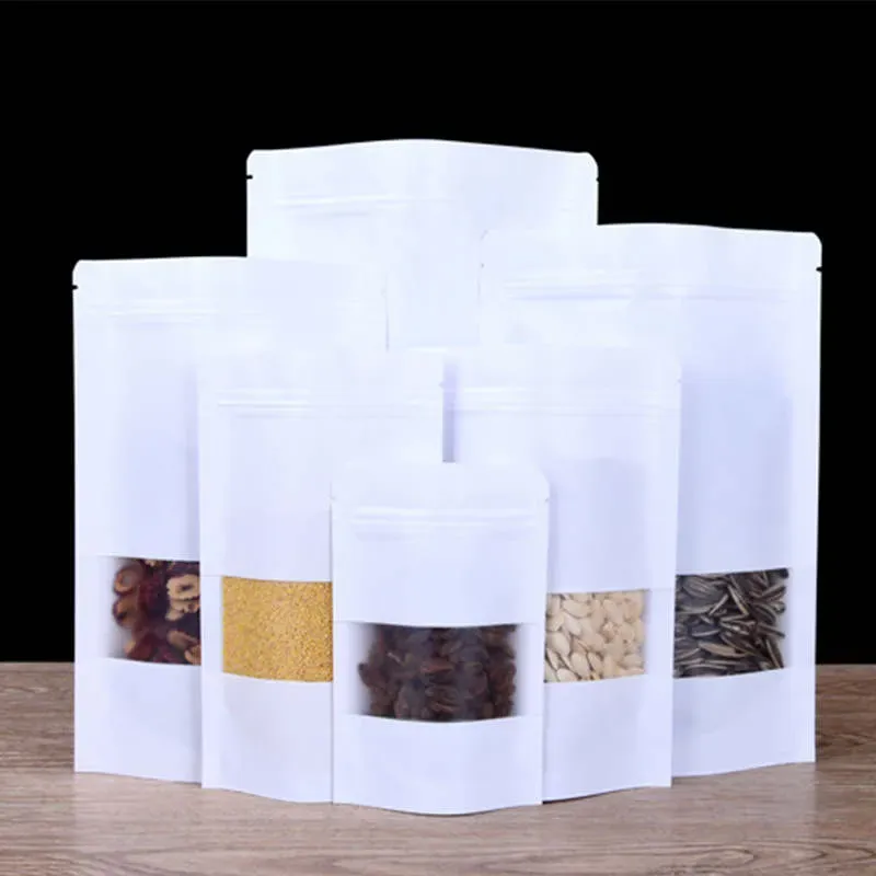 White Kraft Paper Edibles Packaging Bags Smell Proof Pouch Zip Lock Stand Up Case Clear Window Self-sealing For Candy  Nuts Tea Food Dried Fruit Snack Storage