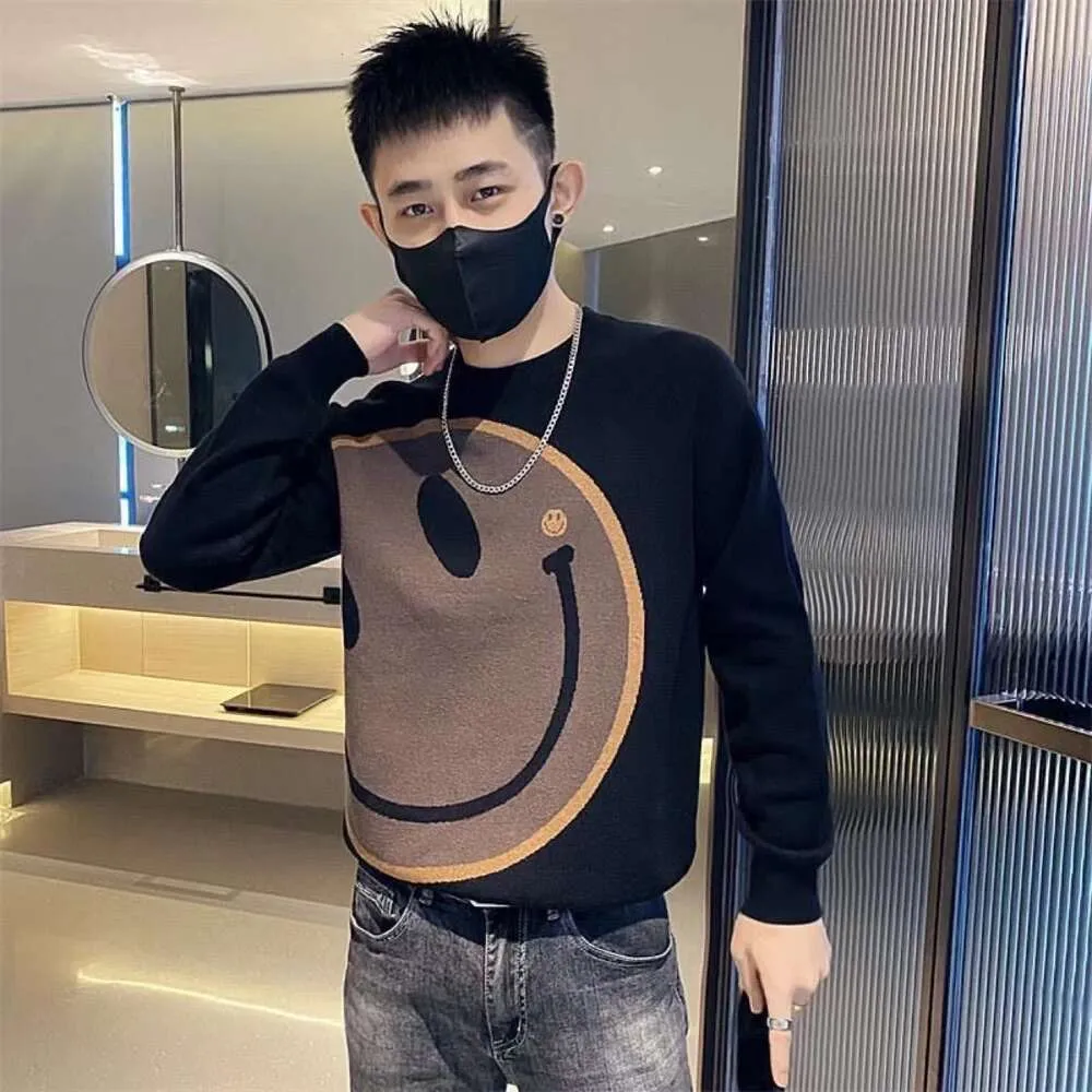 Autumn Winter Men's Knitted Trendy Social Rascal and Handsome Round Neck Bottom Shirt Personalized Big Smiling Face Sweater