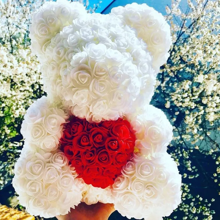 40 cm Artificial Rose Heart Teddy Bear Handmade Bear of Roses for Women Valentine's Day Wedding Bithday Gift Drop 235p